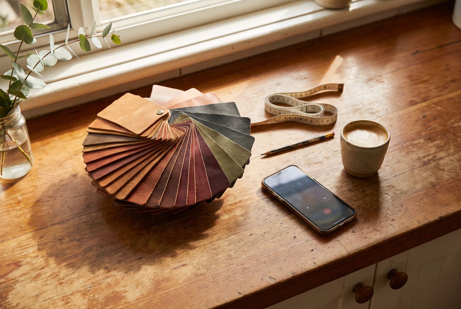 An open leather swatch book beside a phone on a kitchen bench