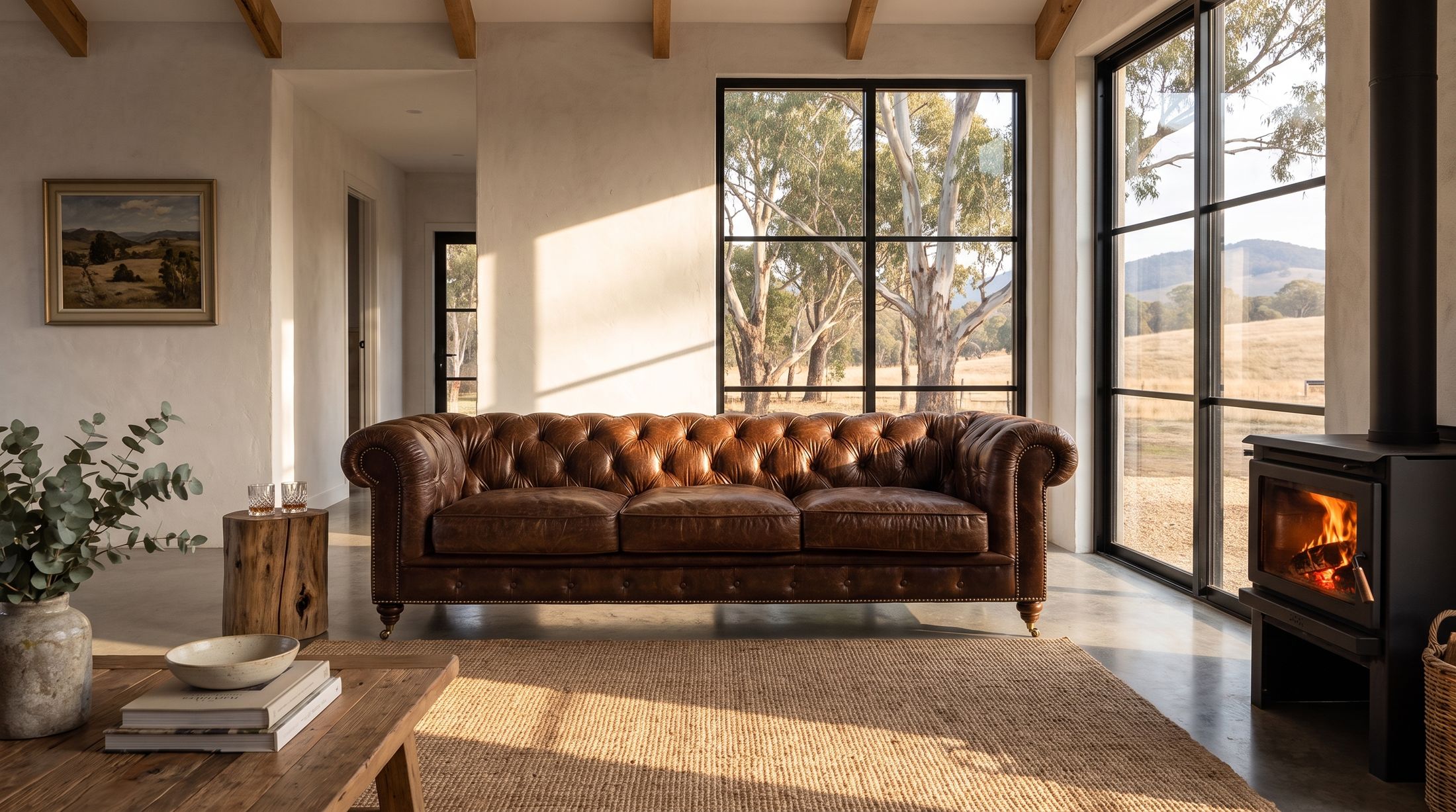 Winston three-seat in a daylit farmhouse, with gum trees beyond the windows and a wood burner beside it